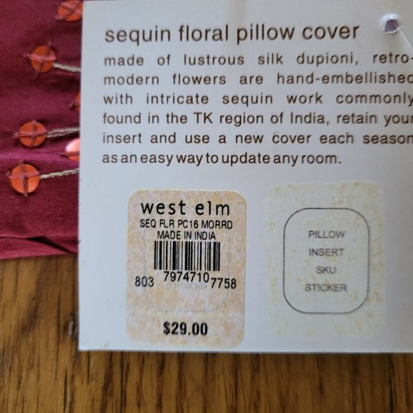 Vtg West Elm Sequin Floral Decorative Pillow Cover - NWT - Picture 4 of 8